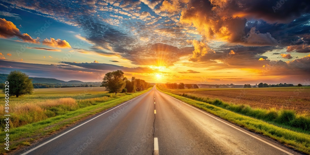 Naklejka premium Scenic view of empty road in countryside at sunset, symbolizing endless possibilities, road, empty, countryside, fields