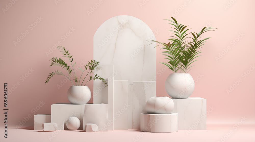 3D display abstract geometry ball and square of mable with soft pink background in the modern style 3D display abstract geometry ball and square of mable with soft pink background in the modern style