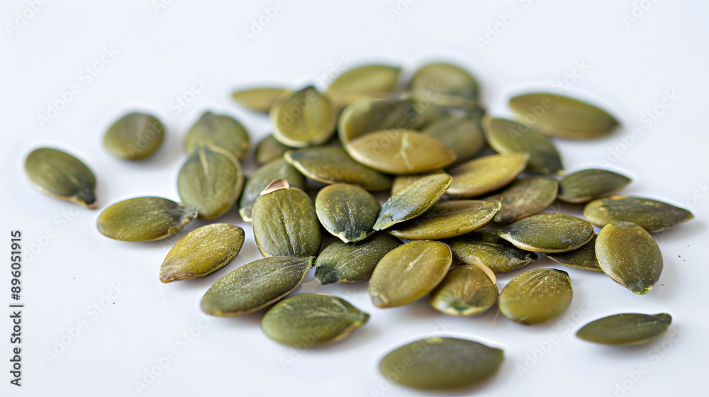 olive-green pumpkin seeds on a white surface olive-green pumpkin seeds on a white surface
