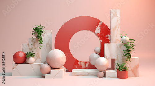 3D display abstract geometry ball and square of mable with red background in the modern style photo