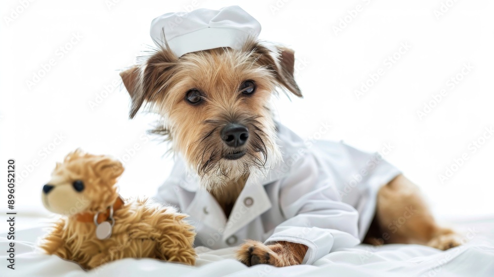 A terrier in a veterinarian's outfit, examining a toy animal A terrier in a veterinarian's outfit, examining a toy animal