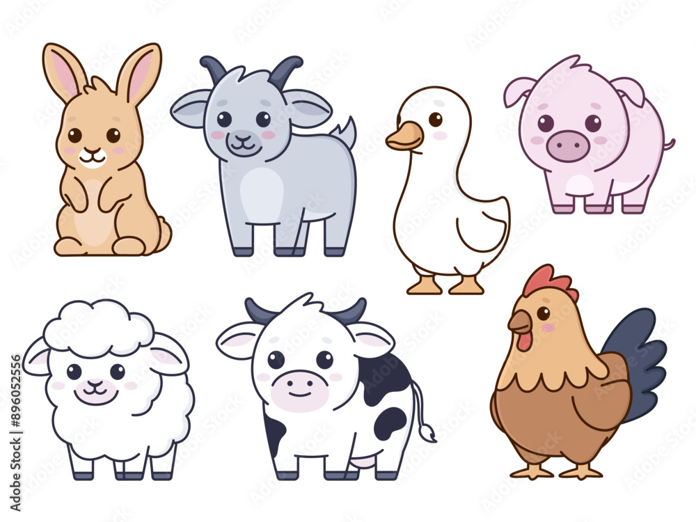 Farm animals, set of cute cartoon children illustrations, kawaii vector drawings Farm animals, set of cute cartoon children illustrations, kawaii vector drawings