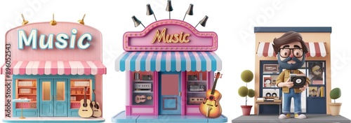 3d illustration of music store with guitar on the front