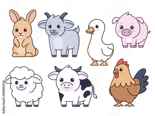 Farm animals, set of cute cartoon children illustrations, kawaii vector drawings