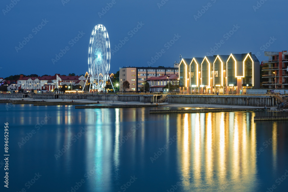 Night view of promenade of resort town of Zelenogradsk on the coast of Baltic sea. Russia