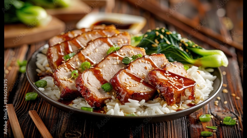 Succulent Chinese Char Siu Pork with Rice and Bok Choy on Wooden Table Background Succulent Chinese Char Siu Pork with Rice and Bok Choy on Wooden Table Background