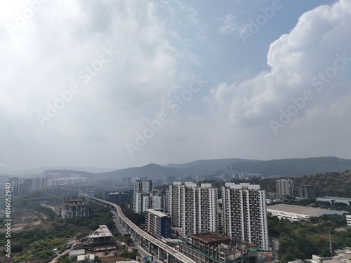 Aerial drone view of city pune hinjewadi near wakad with metro line photo