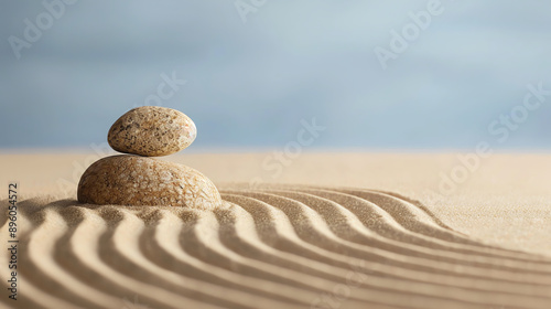 High-definition capture of a Zen garden, single rake line in sand, one rock photo