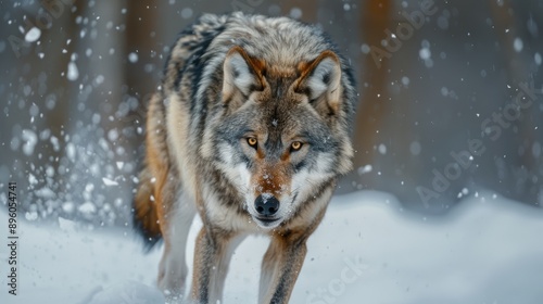 Wallpaper Mural A fierce wolf moves silently through the snowy terrain, its gaze unwavering and determined. The icy landscape accentuates the wolf’s predatory instincts and the harsh beauty of its environment. Torontodigital.ca