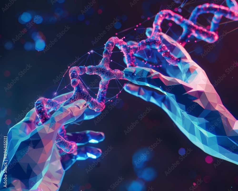 Human hands in 3d lowpoly art controlling dna, crispr, and biotechnology for scientific research Human hands in 3d lowpoly art controlling dna, crispr, and biotechnology for scientific research