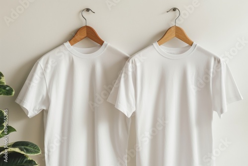 Pair of white t-shirts on wooden hangers against a white wall, front view