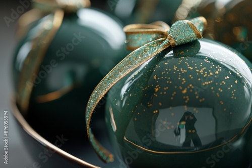 Closeup of green christmas baubles with golden ribbon.