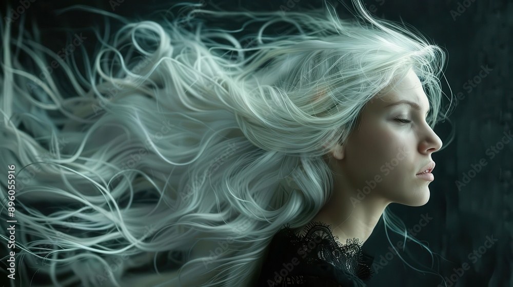 ethereal portrait of woman with flowing luminous white hair dark background creates dramatic contrast dreamlike quality ethereal portrait of woman with flowing luminous white hair dark background creates dramatic contrast dreamlike quality