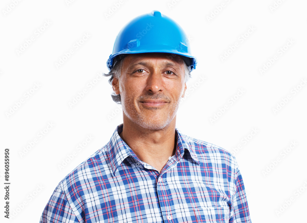 Portrait, confident engineer or man with hard hat for safety isolated on white studio background. Face, mature architect or construction manager, builder or developer with helmet in industry in Spain Portrait, confident engineer or man with hard hat for safety isolated on white studio background. Face, mature architect or construction manager, builder or developer with helmet in industry in Spain
