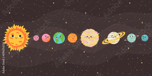 Funny childish planets in row vector flat illustration. Cute celestial bodies with smiling faces in sequence at outer space. Cartoon colorful astronomical objects at night sky