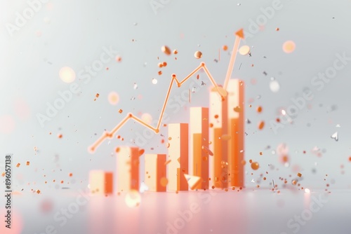 Orange abstract bar graph with rising line and scattered geometric shapes, representing business growth and data analytics.