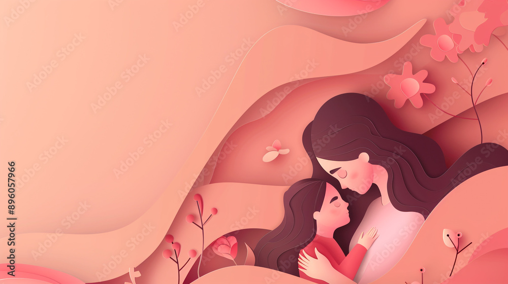 Minimal peach pink Mother's Day template in paper cut design. Young mother is cuddled by daughter. Minimal peach pink Mother's Day template in paper cut design. Young mother is cuddled by daughter.