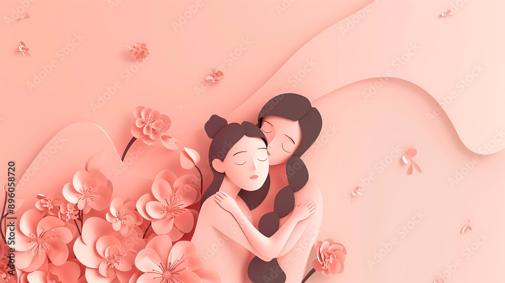 Minimal peach pink Mother's Day template in paper cut design. Young mother is cuddled by daughter. Minimal peach pink Mother's Day template in paper cut design. Young mother is cuddled by daughter.