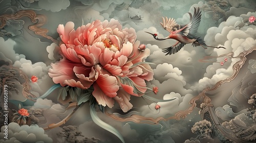 An exquisitely detailed, super realistic scene featuring a vibrant peony flower surrounded by hand-drawn Chinese cloud decorations in a vintage style. 

