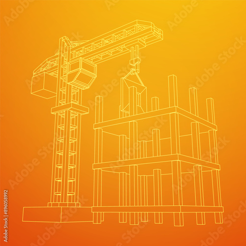 Construction crane tower. Building under construction industrial concept. Wireframe low poly mesh vector illustration.