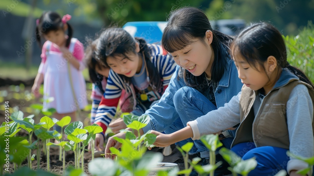 Asian teacher guiding students in an educational visit to a field, focusing on hands-on learning and environmental education. Asian teacher guiding students in an educational visit to a field, focusing on hands-on learning and environmental education.