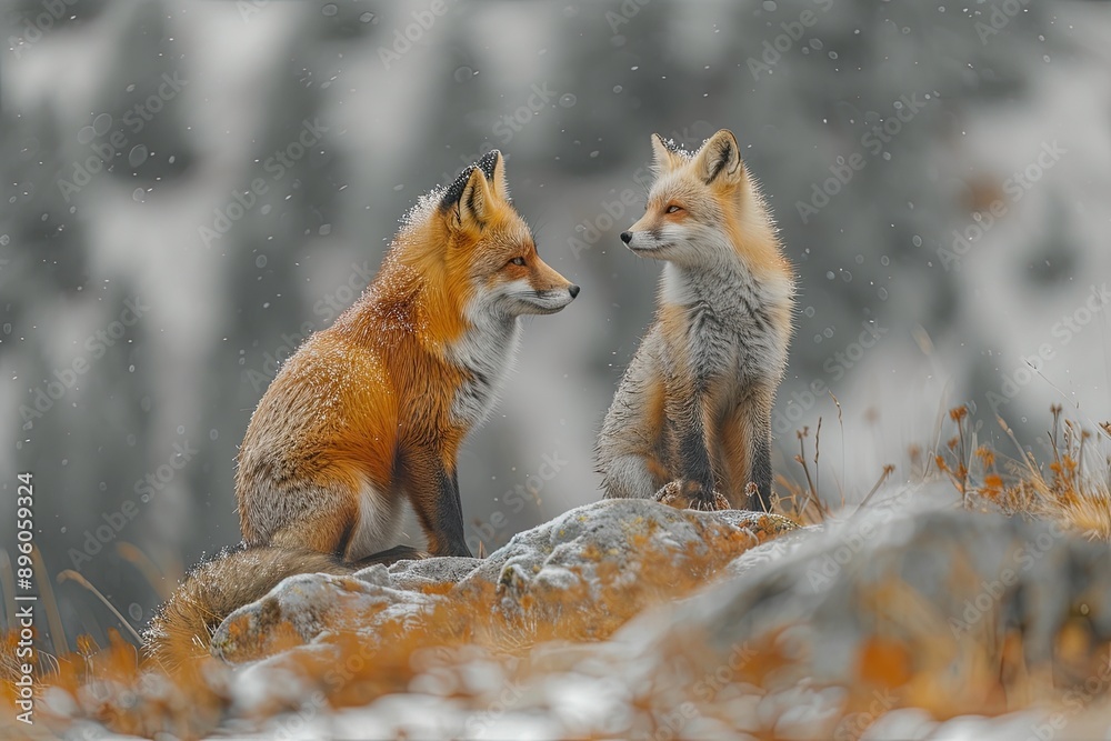 Fototapeta premium fox mother with cub mountain background