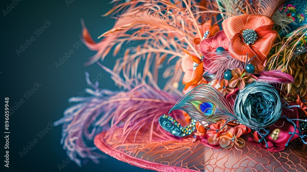An exquisitely detailed close-up of a Kentucky Derby elaborate hat, adorned with an array of vibrant feathers, intricate lace, and delicate flowers. An exquisitely detailed close-up of a Kentucky Derby elaborate hat, adorned with an array of vibrant feathers, intricate lace, and delicate flowers.