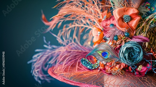 An exquisitely detailed close-up of a Kentucky Derby elaborate hat, adorned with an array of vibrant feathers, intricate lace, and delicate flowers.