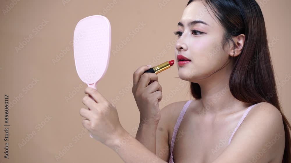 Asian girl with beautiful makeup, looking in the mirror and applying beautiful red lipstick on a pink background, taking a photo of a model in a studio. Asian girl with beautiful makeup, looking in the mirror and applying beautiful red lipstick on a pink background, taking a photo of a model in a studio.