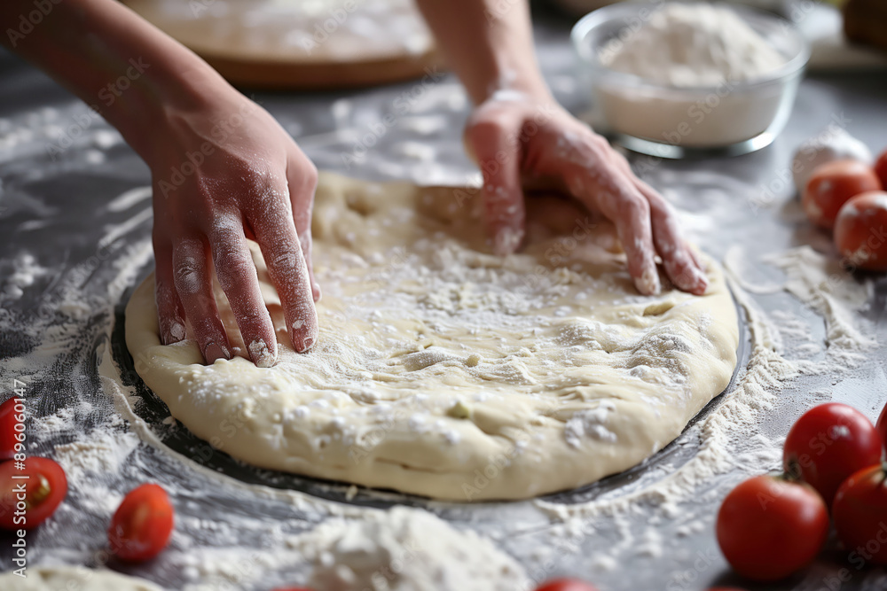 Making Traditional Pizza Dough. A Chef Is Making Dough, Using His Hands To Knead And Roll It. The Process Of Preparing The Pizza Base Highlights The Traditional Italian Culinary Art With Flour. Making Traditional Pizza Dough. A Chef Is Making Dough, Using His Hands To Knead And Roll It. The Process Of Preparing The Pizza Base Highlights The Traditional Italian Culinary Art With Flour.