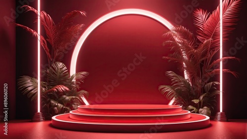 Beauty Red 3D podium backdrop with neon light and tropical palm leaves