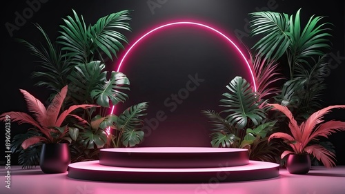 Beauty black 3D podium backdrop with neon light and tropical palm leaves