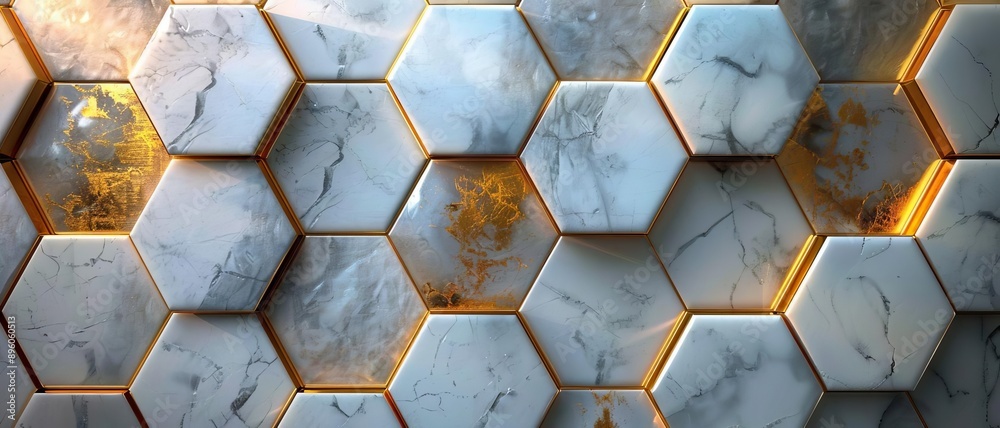 Elegant 3D background with hexagon tiles in marble textures and gold accents, perfect for luxury branding and designs Elegant 3D background with hexagon tiles in marble textures and gold accents, perfect for luxury branding and designs