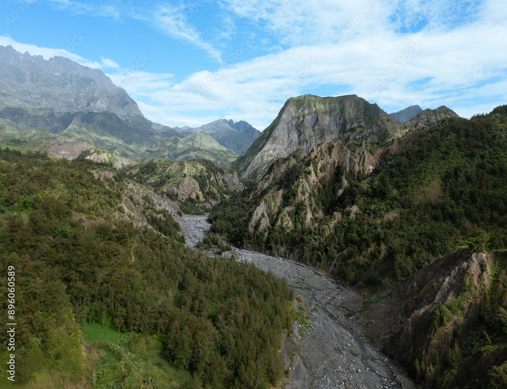 Aerial view of rugged canyon and volcanic caldera, Cirque de Salazie, Saint Benoit, Reunion. Aerial view of rugged canyon and volcanic caldera, Cirque de Salazie, Saint Benoit, Reunion.