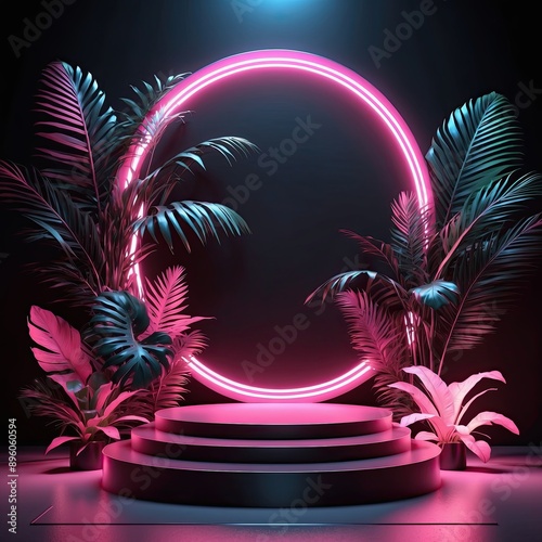 Beauty black 3D podium backdrop with neon light and tropical palm leaves
