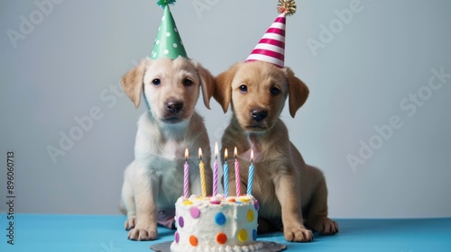 The puppies with birthday hats photo