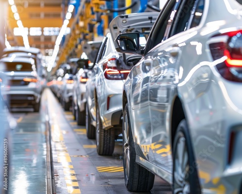 Efficient modern car assembly line in a bustling factory setting for mass production