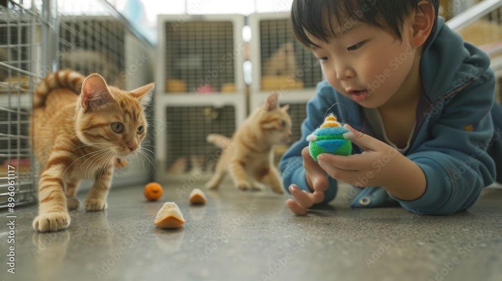 Naklejka premium Cat adoption center, shelter, or volunteer community charity child, girl, or feeding cats. Pets, homeless kittens, or eating with kids, youth, or foster care recipients need support.