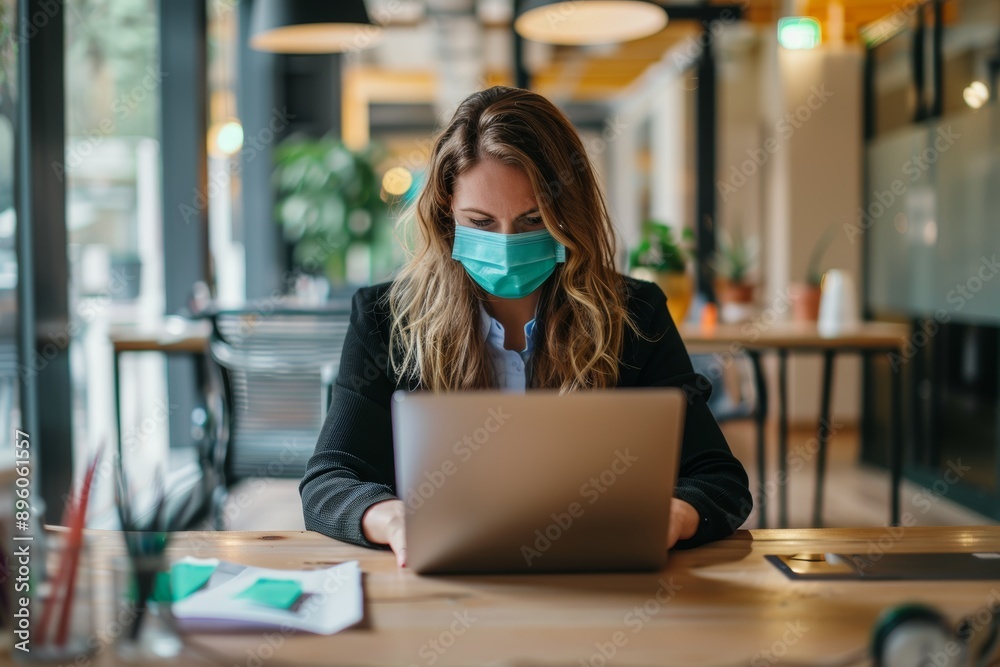 Face mask, covid, and businesswoman with laptop in workplace safety, security, and global virus prevention. Technology protects employee and compliance worker against desk microorganisms. Face mask, covid, and businesswoman with laptop in workplace safety, security, and global virus prevention. Technology protects employee and compliance worker against desk microorganisms.