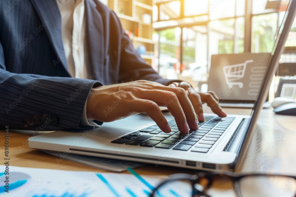 Businessman shopping online on laptop during a significant sale event for great deals Businessman shopping online on laptop during a significant sale event for great deals