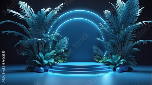 Beauty blue 3D podium backdrop with neon light and tropical palm leaves
