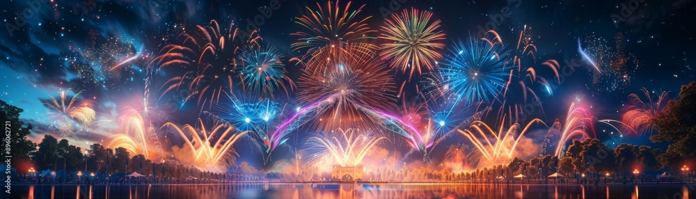 Celebration in the Night Sky: Vibrant Fireworks Illuminate a Park in a Festive Display of Colors - Photo-realistic Digital Art Celebration in the Night Sky: Vibrant Fireworks Illuminate a Park in a Festive Display of Colors - Photo-realistic Digital Art