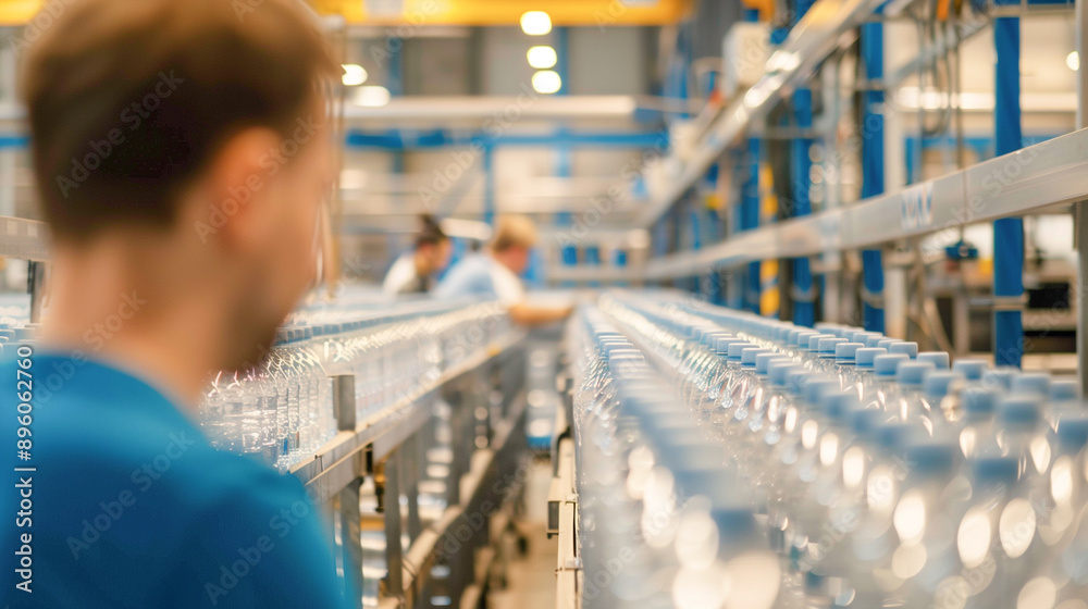 A man checks the quality of bottles made from recycled plastic. A man checks the quality of bottles made from recycled plastic.