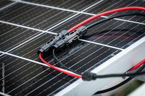 Close up of  mc4 connectors over the solar panel.