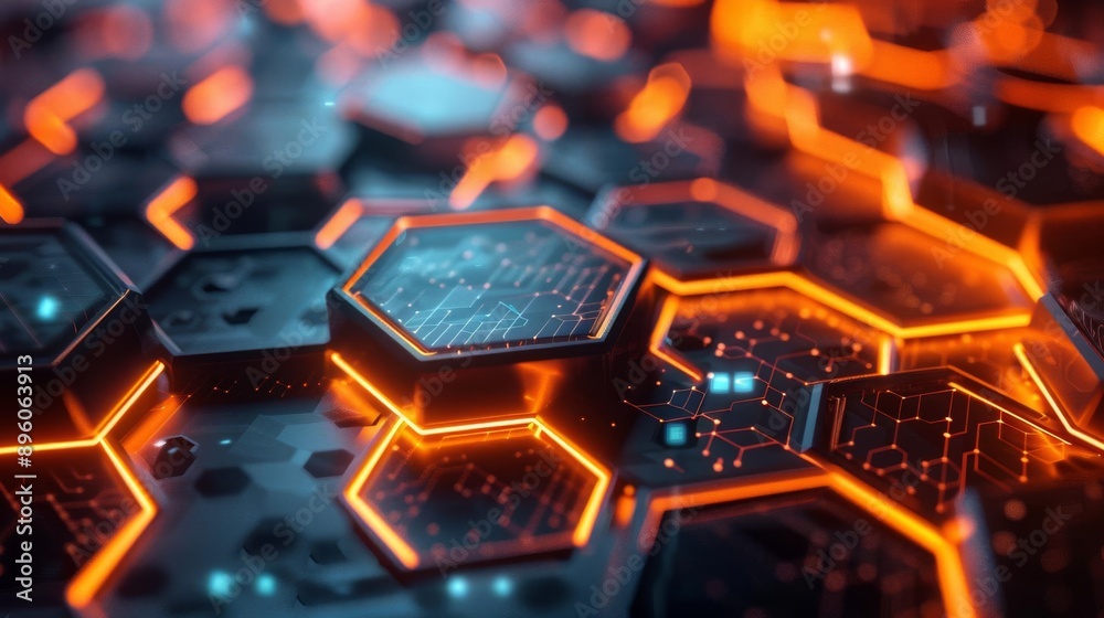 Sci-fi 3D background with floating hexagons, neon edges, and dark ambiance, ideal for high-tech and futuristic visuals Sci-fi 3D background with floating hexagons, neon edges, and dark ambiance, ideal for high-tech and futuristic visuals