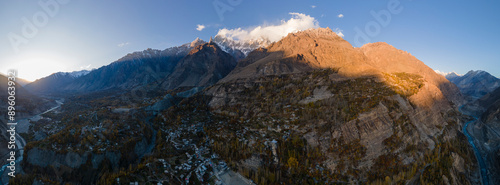 Aerial view of majestic Hunza Valley at sunset, Gilgit-Baltistan, Pakistan.
