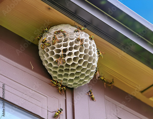 Many wasps in a wasp nest on a porch