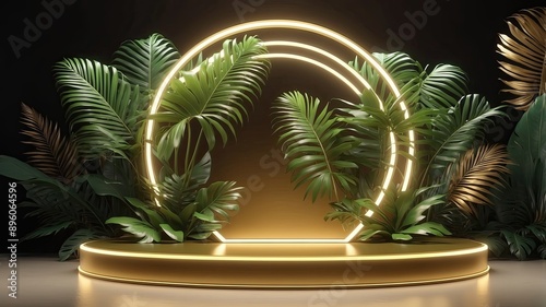 Beauty golden 3D podium backdrop with neon light and tropical palm leaves