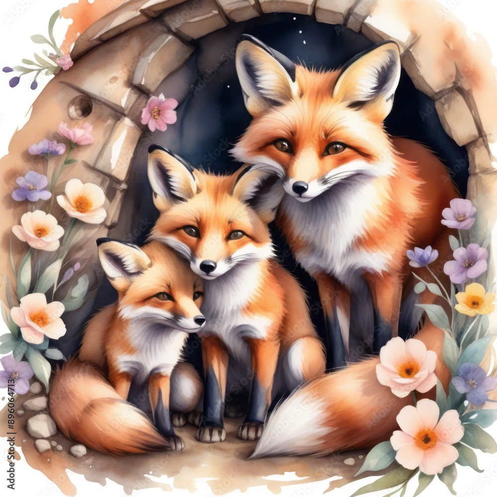 Family of red foxes is gathered in their forest den during the day. Five foxes are together, surrounded by colorful flowers Family of red foxes is gathered in their forest den during the day. Five foxes are together, surrounded by colorful flowers