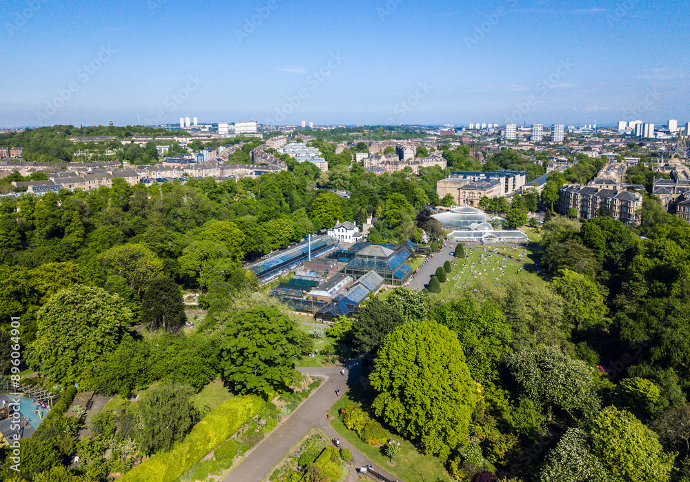 Aerial view of Royal Botanic Gardens with lush greenery and cityscape, Glasgow, Scotland, United Kingdom. Aerial view of Royal Botanic Gardens with lush greenery and cityscape, Glasgow, Scotland, United Kingdom.